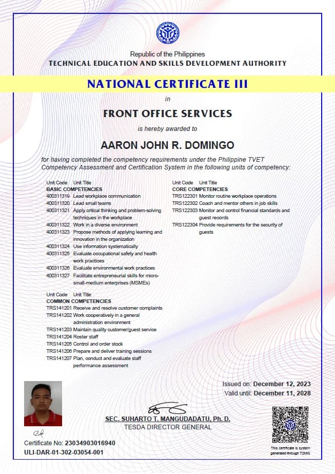 Approved preview of Front Office Services NC III