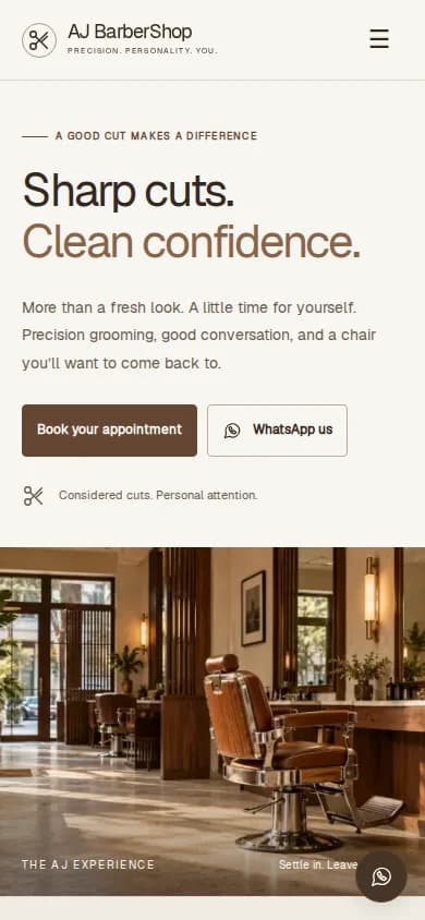 AJ BarberShop homepage with appointment actions and a shop photograph displayed on mobile