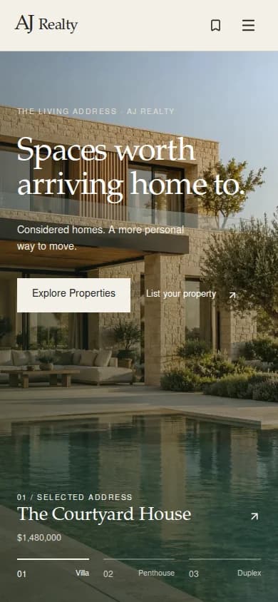 AJ Realty property discovery homepage and compact navigation displayed on mobile